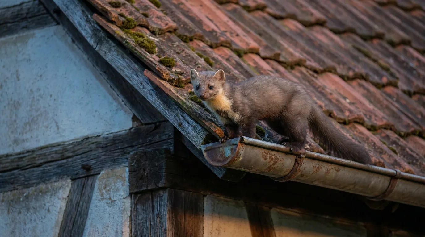 Steinmarder mit cremefarbenem Kehlfleck an der Dachrinne eines älteren Hauses in der Dämmerung