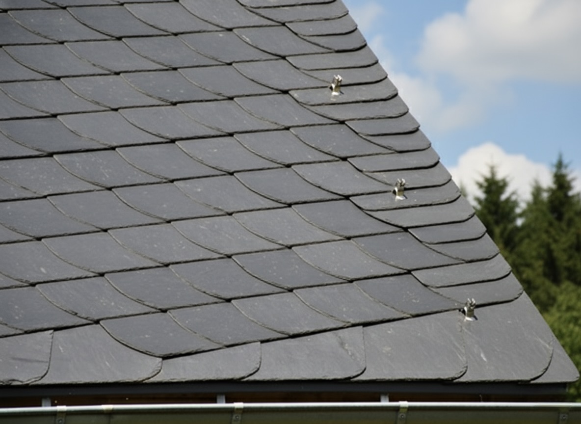 Sauber gedecktes Schieferdach in Nahaufnahme, gleichmäßige Reihen aus grauen Schieferplatten mit Metallhaften vor blauem Himmel