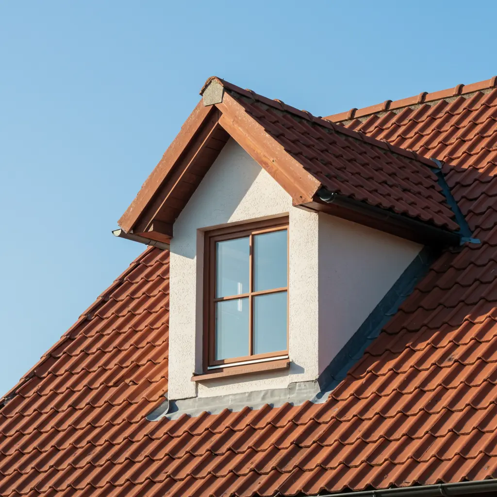Rotes Ziegeldach mit Gaube und Dachfenster, gleichmäßige Reihen aus roten Tondachziegeln vor blauem Himmel